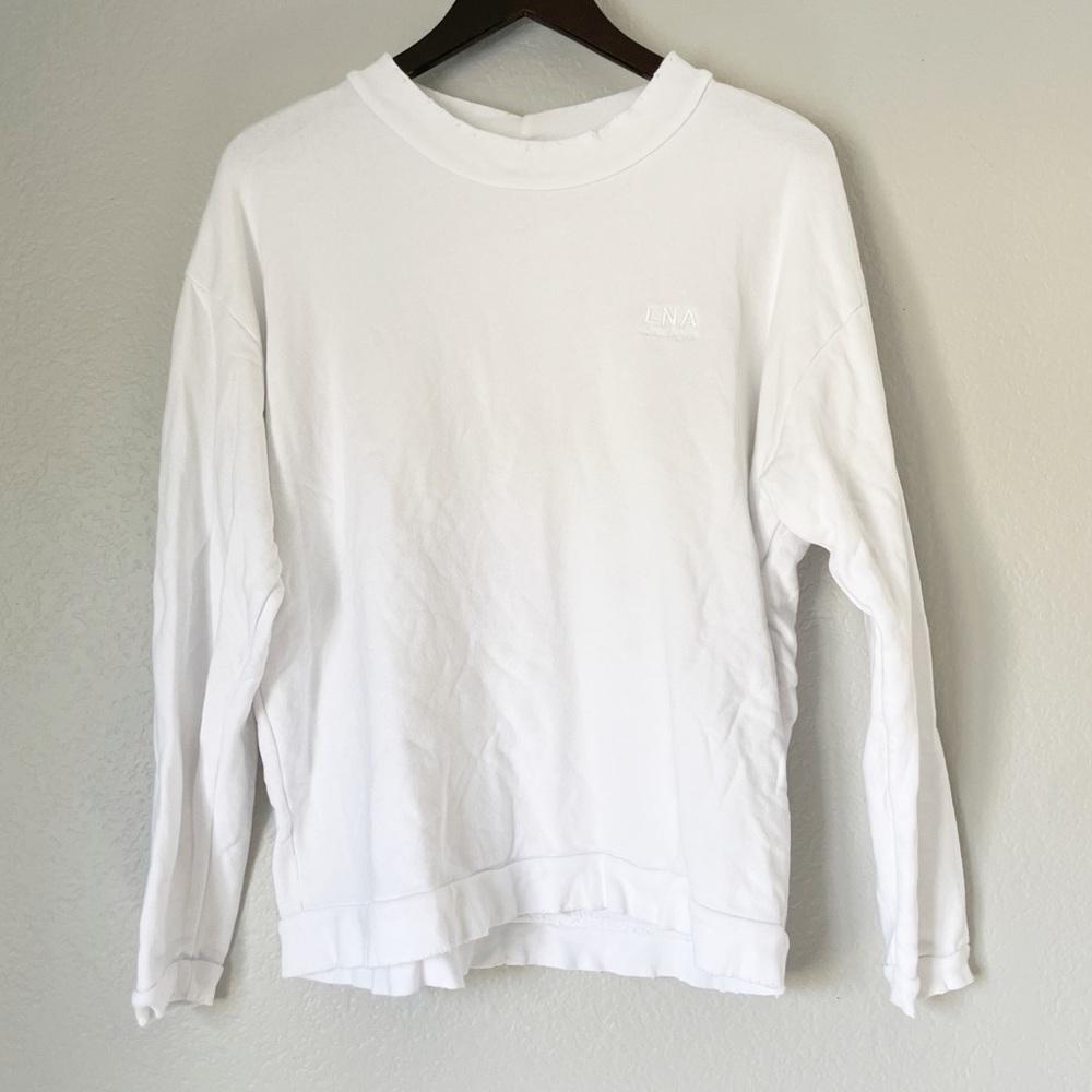 LNA Logo Distressed Hems Pullover Sweatshirt White XS